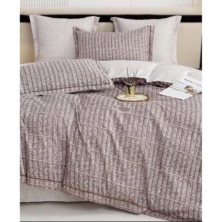 Set Lenjerie de pat, 6 Piese, Cearceaf de pat 230 x 250 cm, Cearceaf pilota 200 x 230 cm, 2 Fete de perna 50 x 70 cm, 2 Fete de perna 70 x 70 cm, Maro Rosiatic