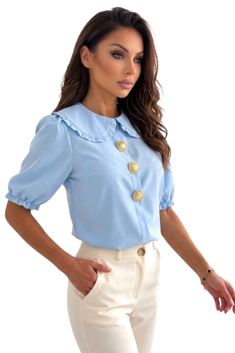 Риза DARYA от памук, със златни брошки и яка тип "Питър Пан", синя, FY FashionForYou, универсален размер S/M