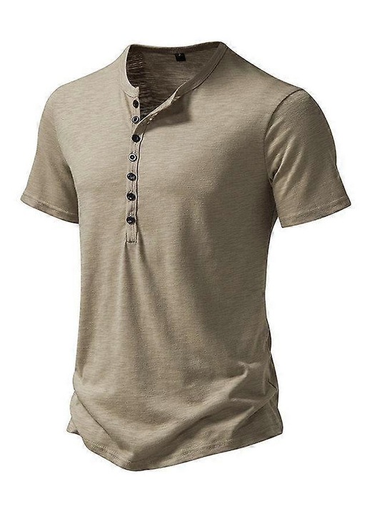Férfi pólók, laza szabású, pamut, rövid ujjú, Henley stílusú, egyszínű