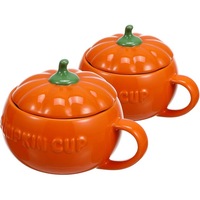 Set 2 boluri ceramice dovleac Halloween cu capac, 300 ml, portocalii