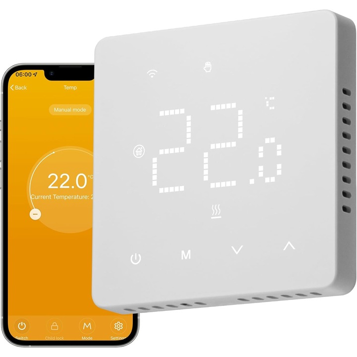 Termostat smart WiFi BEOK, TGM50WIFI-WPB, control centrala termica si incalzire in pardoseala, compatibil Alexa Google Home Tuya Smart Life, programabil, montaj perete, 100-240V, 3A, plastic, culoare Alb