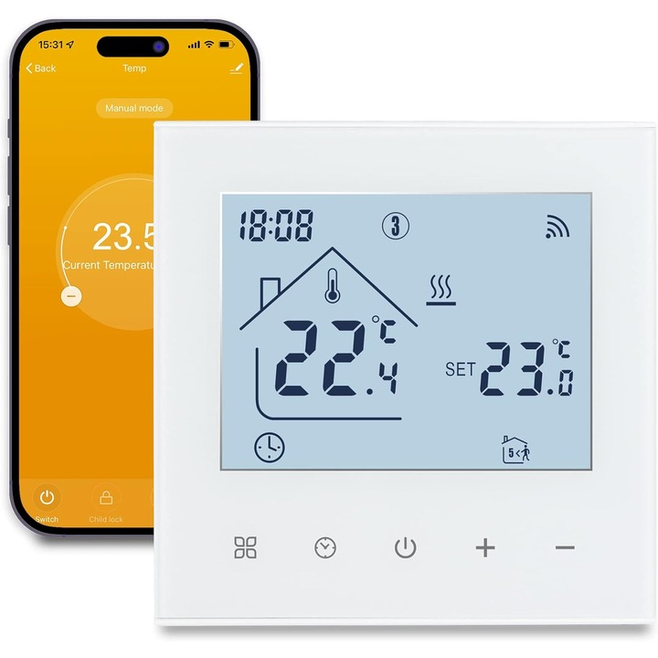 Termostat smart WiFi BEOK, TDR89W-WIFI-WPB, control centrala termica, compatibil Alexa Google Home Tuya Smart Life, programabil, ecran LCD touch, montaj perete, 100-240V, 3A, plastic, culoare Alb
