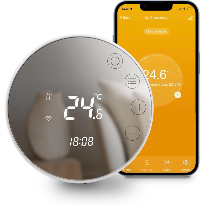 Termostat smart WiFi BEOK, TGR86WIFI-WPB, control centrala termica, compatibil Alexa Google Home Tuya Smart Life, programabil, ecran sticla, montaj perete, 200-240V, 3A, plastic, culoare Alb