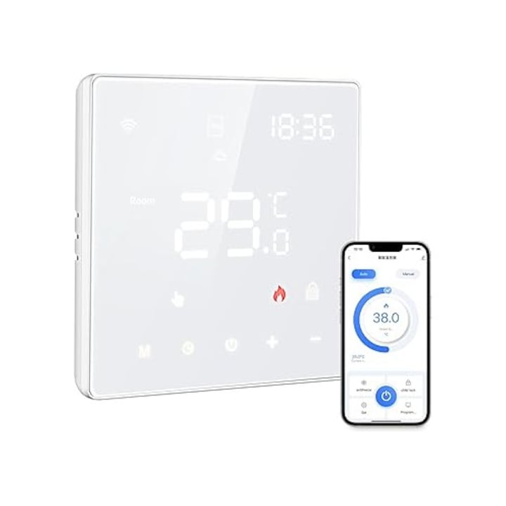 Termostat WiFi pentru Centrala Termica pe Gaz, Contact Uscat (ONOFF), Compatibil Tuya Smart, Alexa & Google Home