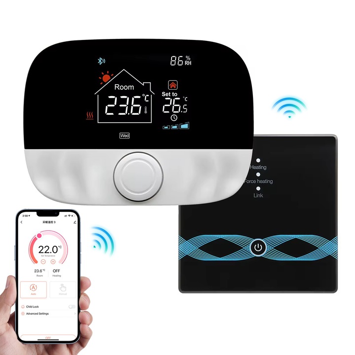 SANSES Smart WiFi szobatermosztát, RF vezeték nélküli, hangvezérlés, interneten/okostelefonon keresztül vezérelhető, Smart Life/Tuya Smart kompatibilis, Google Home, szobahőmérséklet-szabályozás, programozható, vevőegység mellékelve, fekete