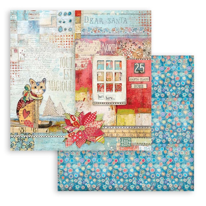 Scrapbooking papír két oldalas - Karácsonyi Patchwork macska