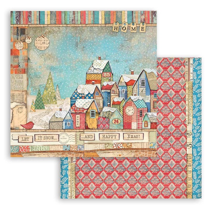 Scrapbooking papír két oldalas - Karácsonyi Patchwork házak
