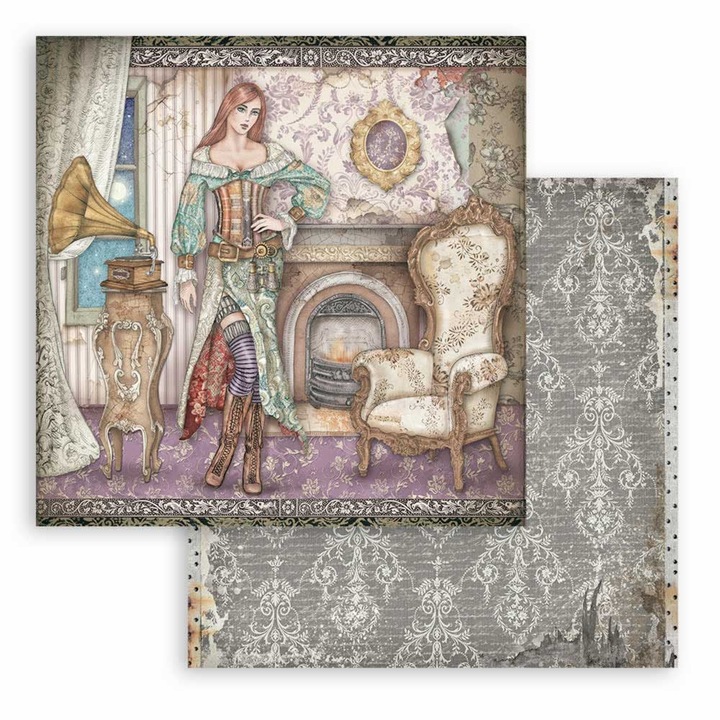 Hartie de scrapbooking fata-verso 30x30cm Stamperia, Lady Vagabond Lifestyle, Grammofono