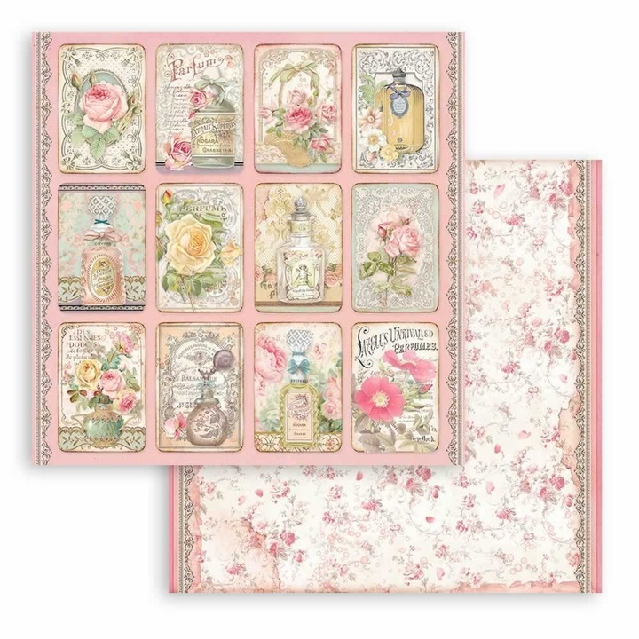 Scrapbooking kétoldalas papír - Rose Parfum tags