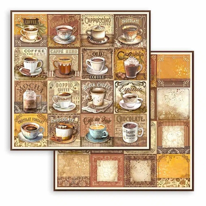 Hârtie scrapbooking față-verso - Cafea și ciocolată etichete cu cești