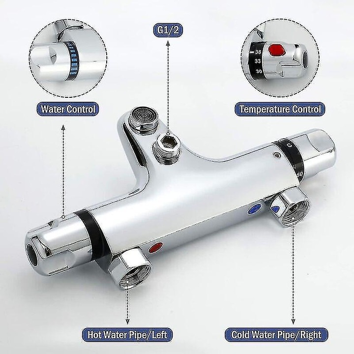 Baterie termostatica pentru dus, 20-50°C, din alama H59A, cromata, montaj standard 150x15mm