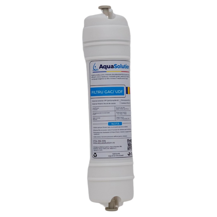 Filtru GAC/UDF Aqua Solution, carbune activ din coaja de nuca de cocos, 10", pentru reducerea clorului si mirosurilor neplacute