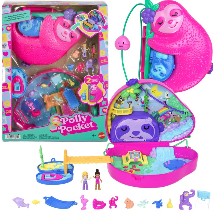 Set Polly Pocket, geantă compactă 2 în 1, 2 micro-păpuși, 12 accesorii, 22,5x6x30,5cm, pentru fete