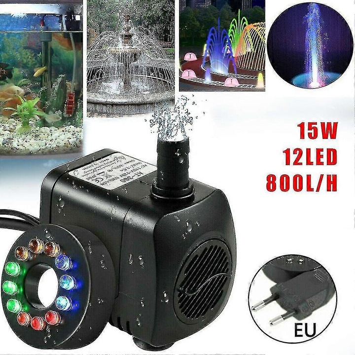 Pompa de apa pentru fantana, 15W, 800L/h, cu 12 LED-uri, dimensiuni 72x54x63mm