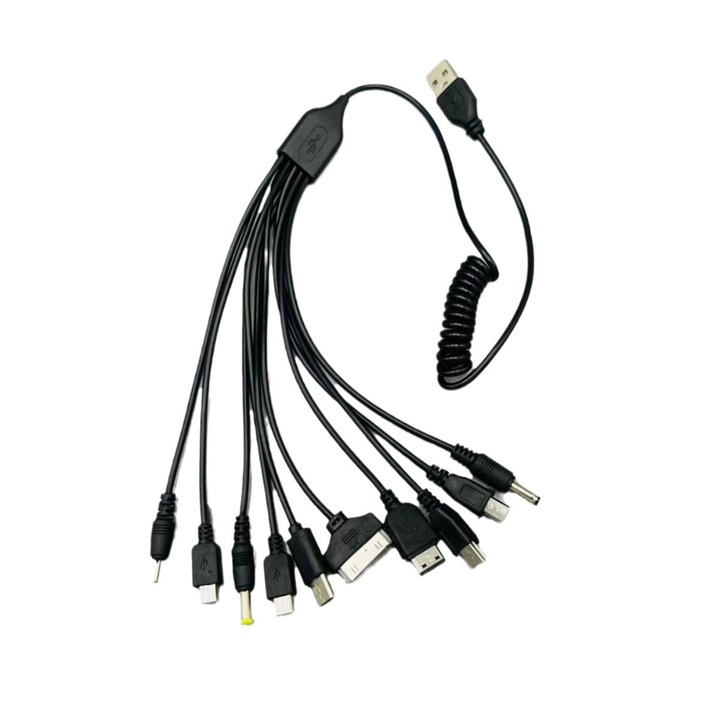 Cablu de Incarcare Universal 10-in-1 cu Extensie 1m, Compatibil cu Telefoane Noi si Vechi, 10 Tipuri de Porturi, Doar Incarcare, Design cu Cablu Prelungitor pentru Utilizare Facila, Punga de Depozitare Inclusa, Negru mat