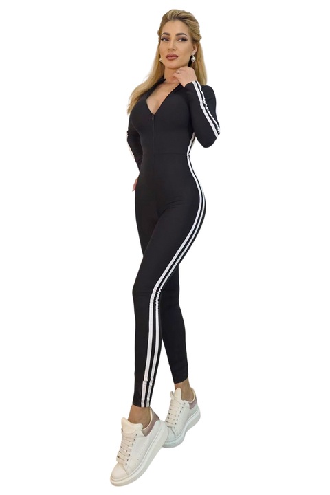 Salopeta lycra, bumbac ENERGY, cu dungi si fermoar, Alb/Negru mat