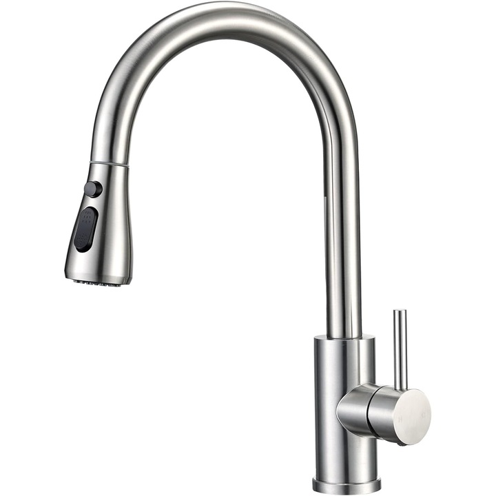 Portal konyhai csaptelep, kihúzható zuhanyfejjel és 3 permetezési móddal, szálcsiszolt rozsdamentes acél, ezüst színű