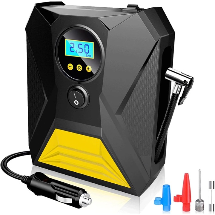 Compresor auto portabil XPQKDC® cu iluminare LED de lucru, Afisaj numeric digital, Putere 120W, Presiune maxima 10 bar / 150 PSI, Alimentare 12V, Lungime cablu 3m, Dimensiuni 15x17.8cm, Culoare Negru