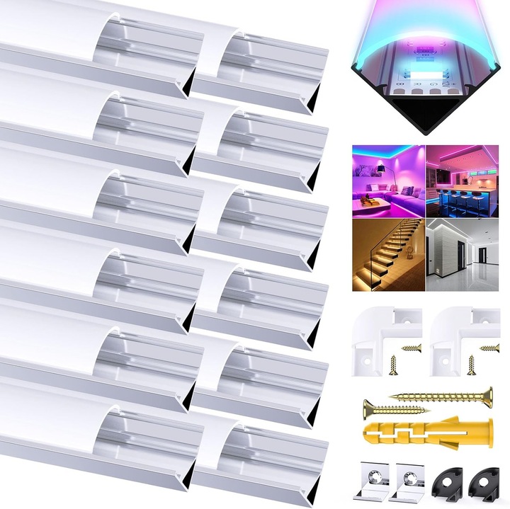 Set 12 Bucati Profil Aluminiu LED Chesbung 1m, Forma V, cu Capac Alb Mat, Capace Terminale, Cleme si Conectori Colt, pentru Benzi LED pana la 12mm