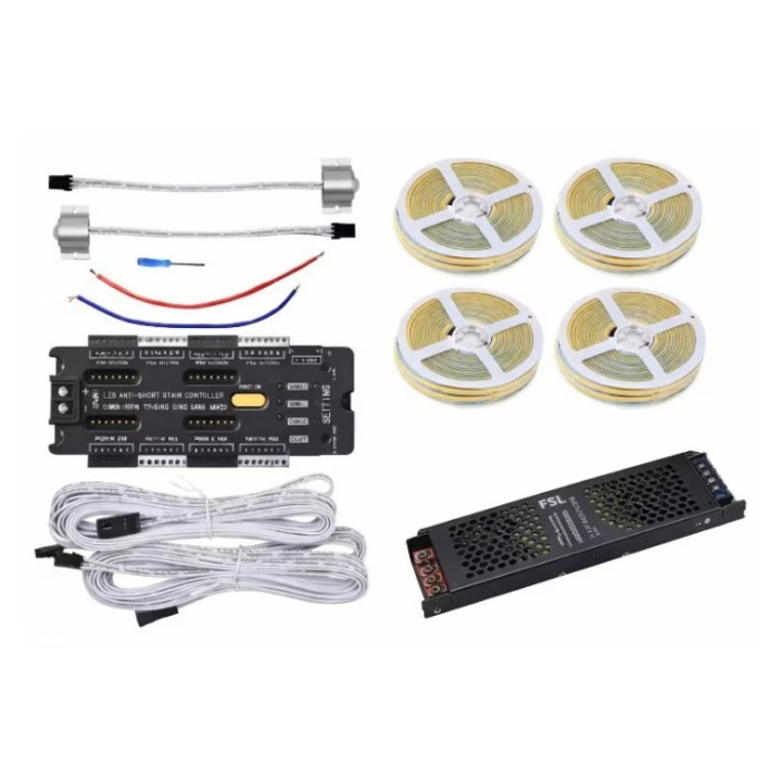 Kit iluminat Scari inteligent 32 canale, 2 Senzori miscare, 20m Banda LED COB 2700k Cald, Sursa alimentare 24v, lumina uniforma fara puncte, ZenLED®