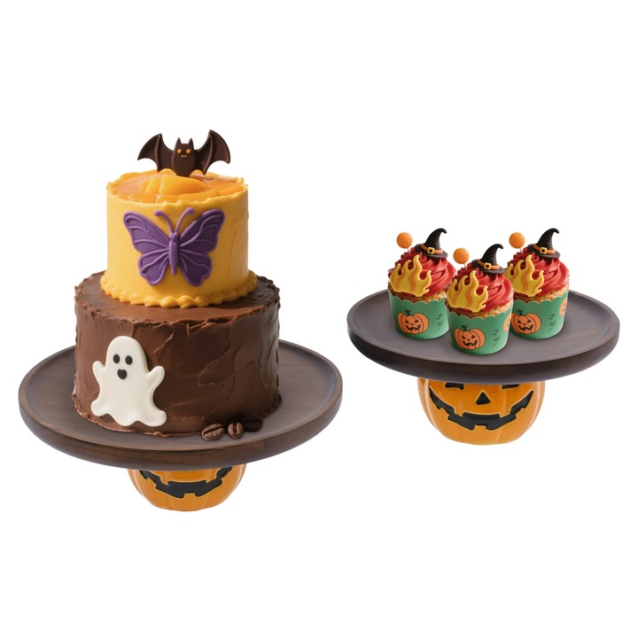 Platou/stand tort Halloween, Suport cu picior, Lemn de acacia, Set 2 buc, Dovleac + Rotund, Ø21, 5 si 26 cm, H 9, 8 cm, Finisaj ulei de ceara pentru lemn, Maro inchis & Portocaliu