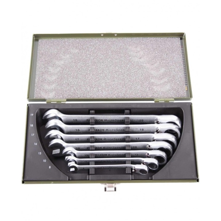 Set chei combinate cu clichet 7 piese Proxxon 23124 MicroSpeeder, 8–19 mm, mecanism 72 dinti, unghi 15°, levier inversare, cutie metalica