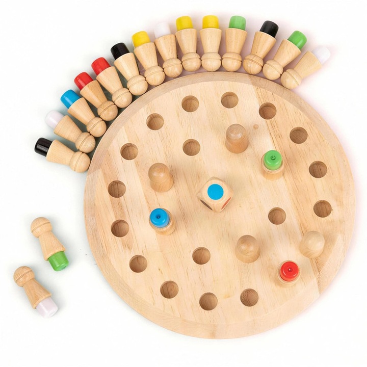Joc interactiv LISM, joc de memorie colorat din lemn, jucarie educativa pentru copii, 24 de cuie colorate + zaruri, antrenament de memorie, dezvoltare a concentrarii si interactiune parinte-copil, jucarie STEM pentru educatie timpurie