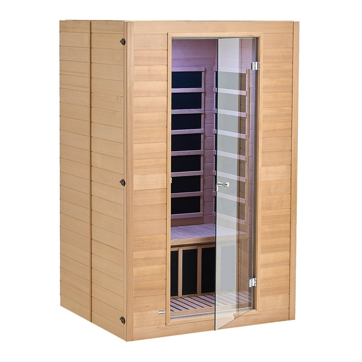 Sauna cu infrarosu, VEVOR, lemn, pentru 2 persoane, 1800W, 1205x1050x1920mm, cu usa din sticla si 2 difuzoare Bluetooth, natur