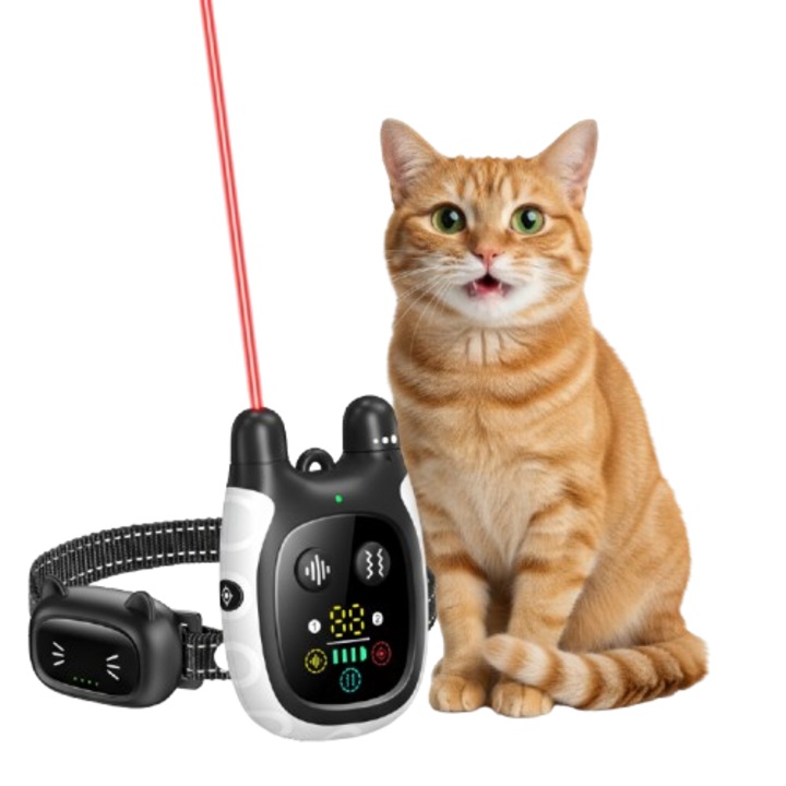 Zgarda inteligenta de dresaj pentru pisici ANDERA, ajustabila, cu telecomanda, 16 tonuri, vibratie reglabila, laser interactiv, raza 300 m, reincarcabila USB, fara soc electric, rezistenta la apa