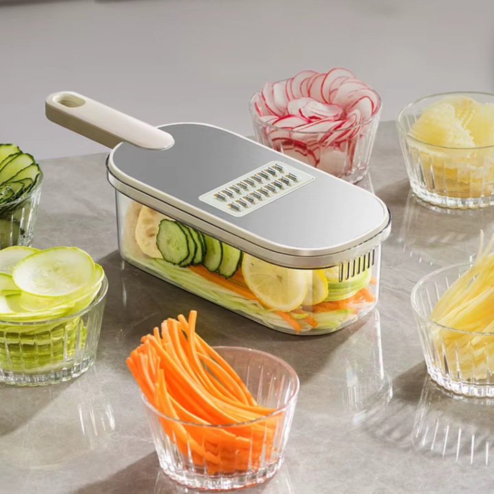 Razatoare legume multifunctionala 6 in 1, mandolina slicer cu lame inox interschimbabile, taietor legume cu recipient 1.5L, protectie mana, pentru cartofi, morcovi, castraveti, Cadou set de clipsuri