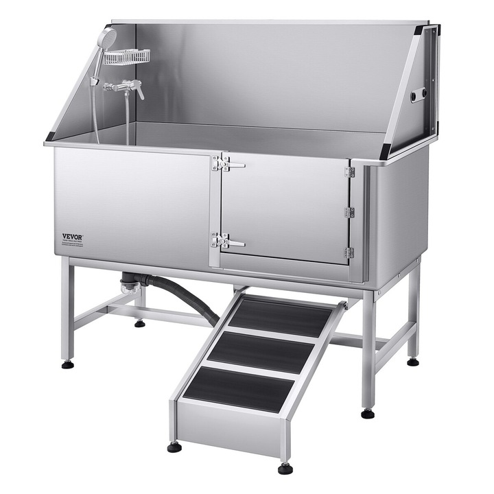 Culcus pentru ingrijirea cainilor, VEVOR, 157.5 cm, inox, cu rampa, filtru de apa, argintiu, 1500x700x1495 mm