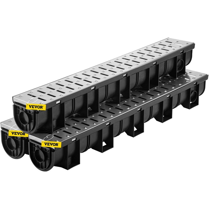 Sistem de scurgere, VEVOR, canal de drenaj cu gratar metalic, 3 piese, 150x130mm, plastic negru, 3 capace de capat