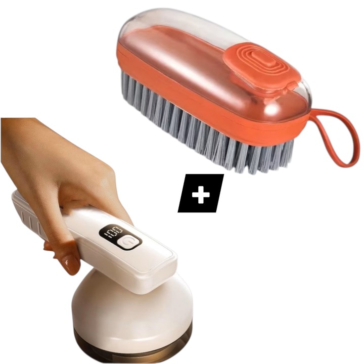Комплект от 2 продукта за почистване на дрехи, четка с резервоар за препарат + Електрически уред за премахване на мъх, с USB и цифров таймер