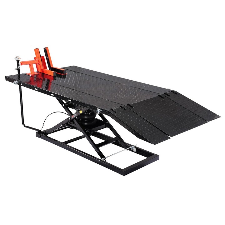 Cric pneumatic motocicleta VEVOR, 1500lbs capacitate, inaltime 8.6-31 in, masa de lucru detasabila, dimensiuni 112.2x51.2x56.3-20.9inch