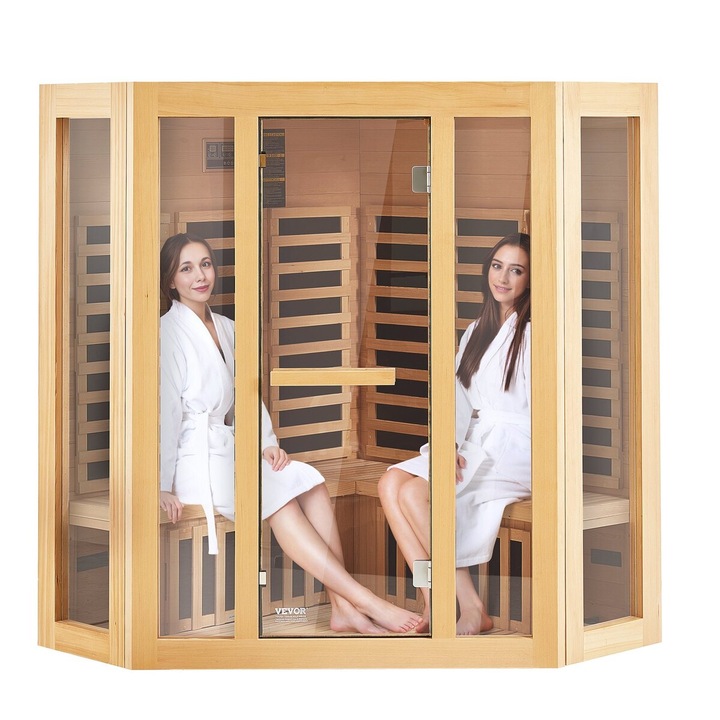 Sauna din lemn cu infrarosu de tip Far, VEVOR, pentru 3-4 persoane, 2470W, cu usa din sticla securizata, boxe Bluetooth, dimensiuni 1500x1500x1907mm