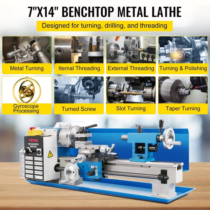 Метален мини струг VEVOR, 180x350 мм, 550W, променлива скорост 0-2500RPM, с 3-челюстен патронник, удобен за потребителя дизайн