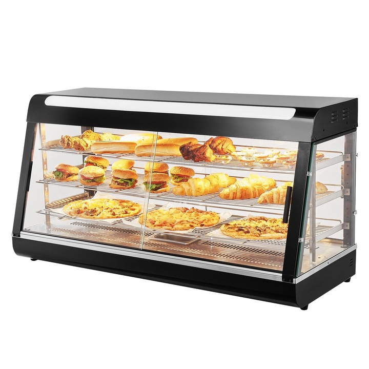 Vitrina comerciala de incalzire alimente cu 3 niveluri, VEVOR, 1500W, 180L, 30~85°C, 1210x470x640mm