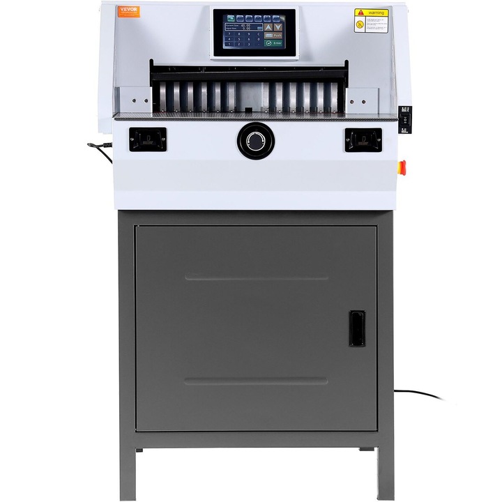 VEVOR elektromos papírvágó gép, 482.6 mm vágási szélesség, 80 mm vastagság, érintőképernyős vezérlés, méretek 920x770x1240 mm