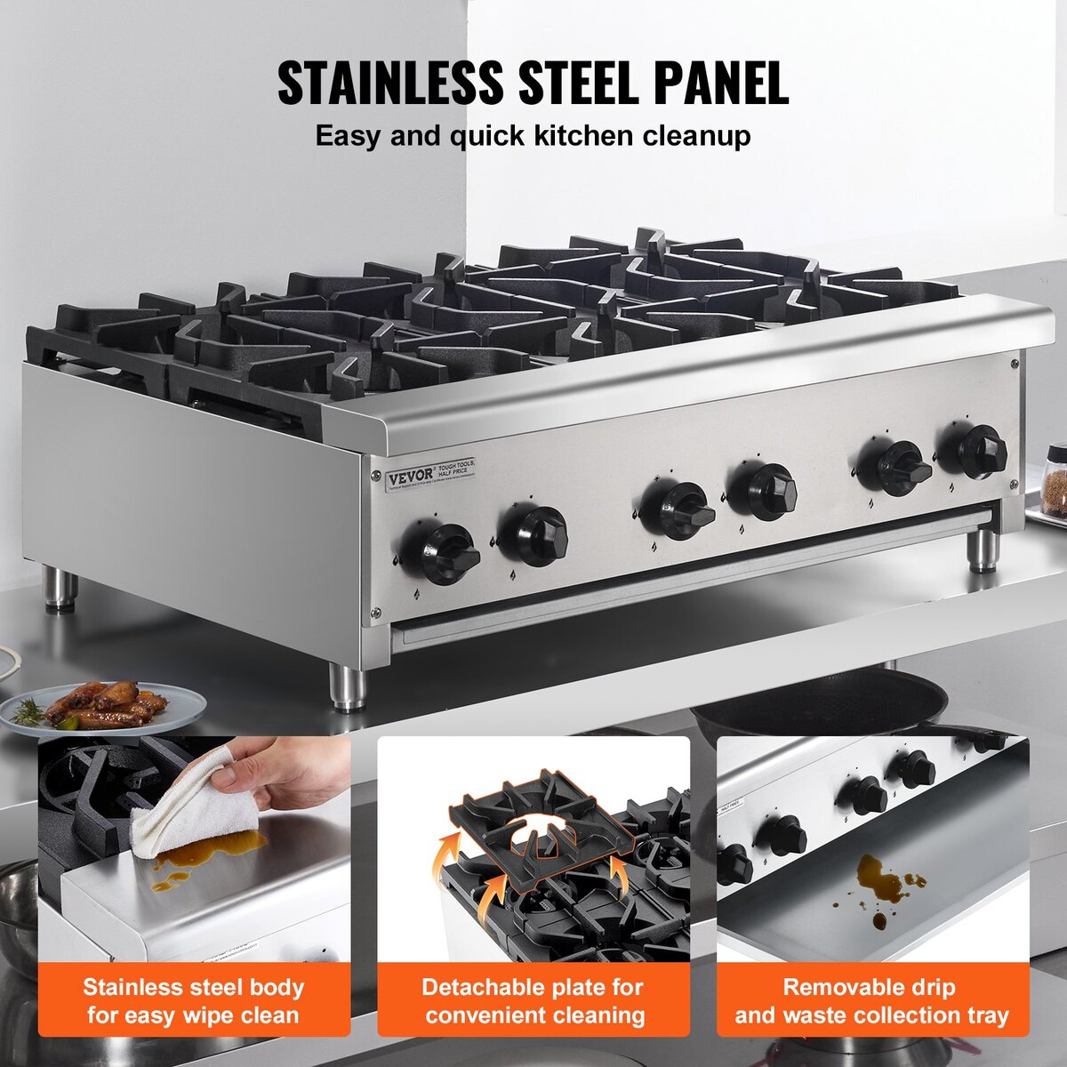 Aragaz comercial VEVOR cu 6 arzatoare, gaz natural/propane, 915x775x335mm, inox, usor de curatat