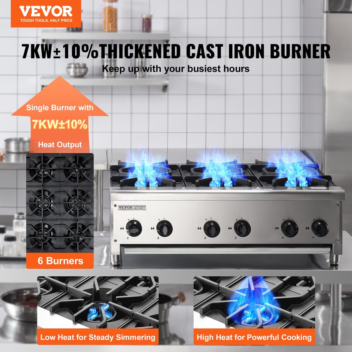 Aragaz comercial VEVOR cu 6 arzatoare, gaz natural/propane, 915x775x335mm, inox, usor de curatat