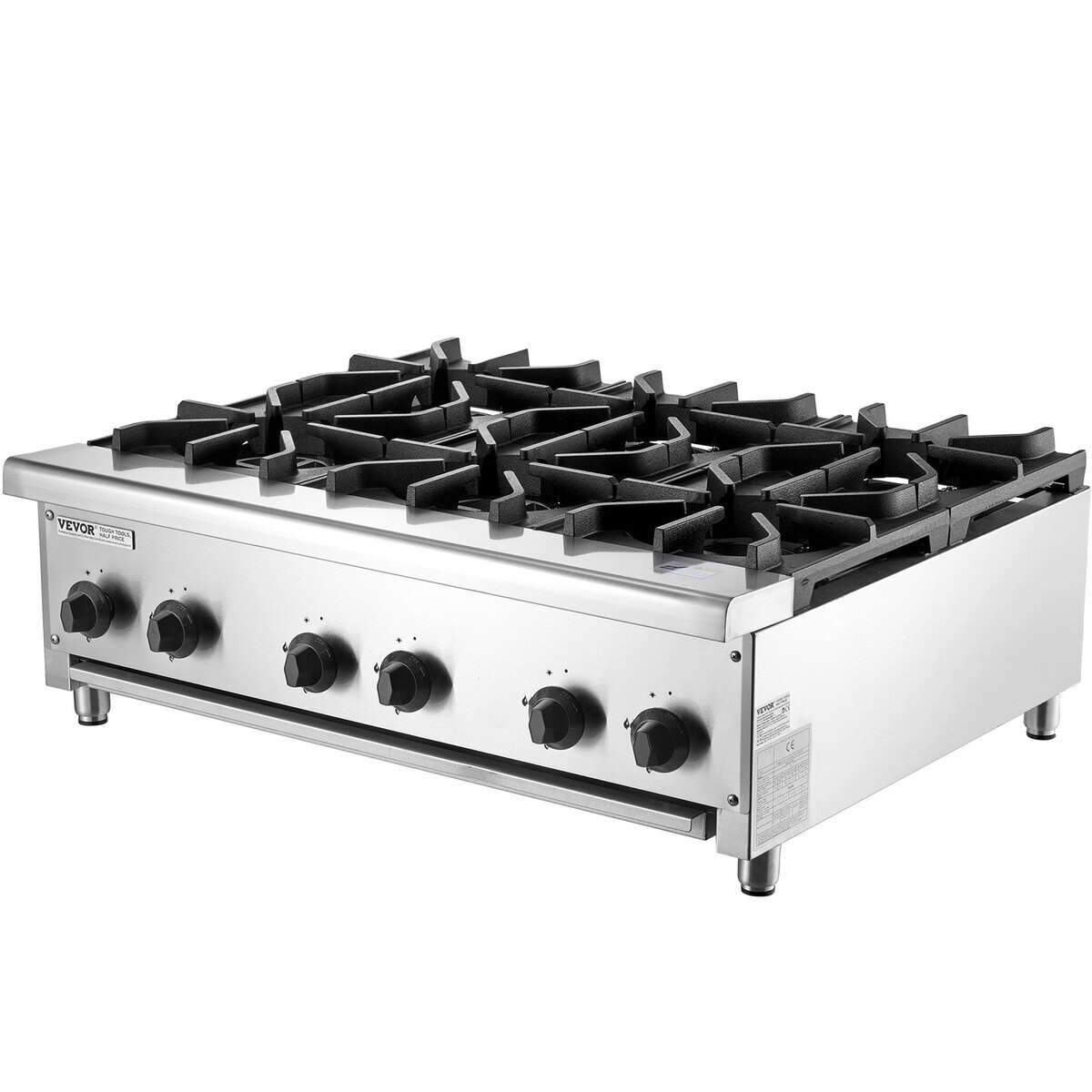 Aragaz comercial VEVOR cu 6 arzatoare, gaz natural/propane, 915x775x335mm, inox, usor de curatat