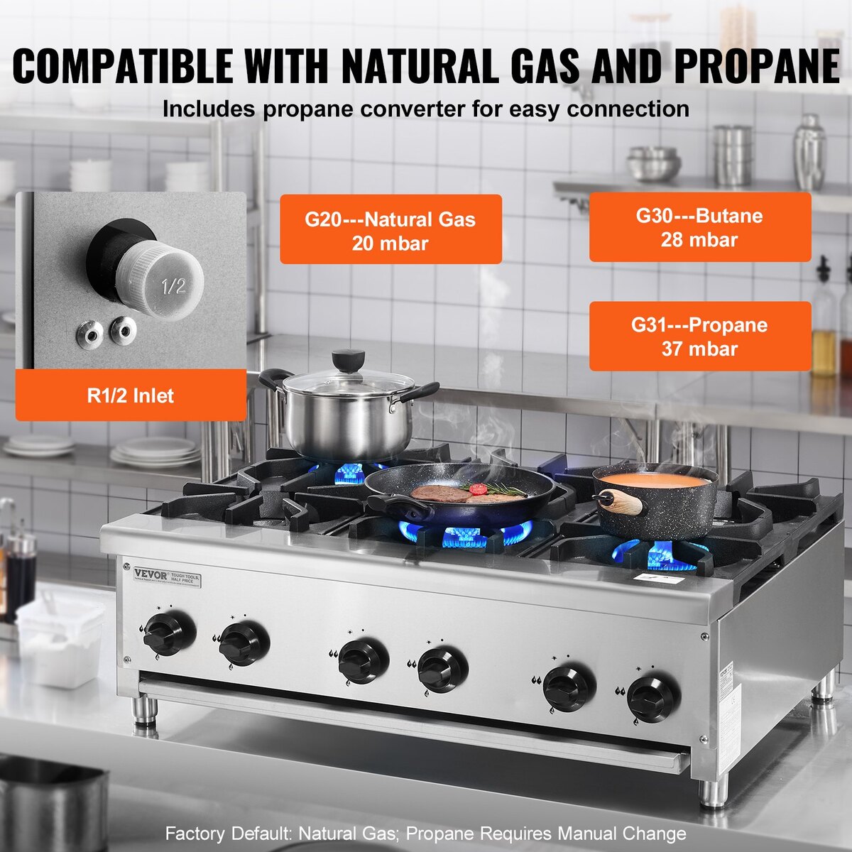 Aragaz comercial VEVOR cu 6 arzatoare, gaz natural/propane, 915x775x335mm, inox, usor de curatat