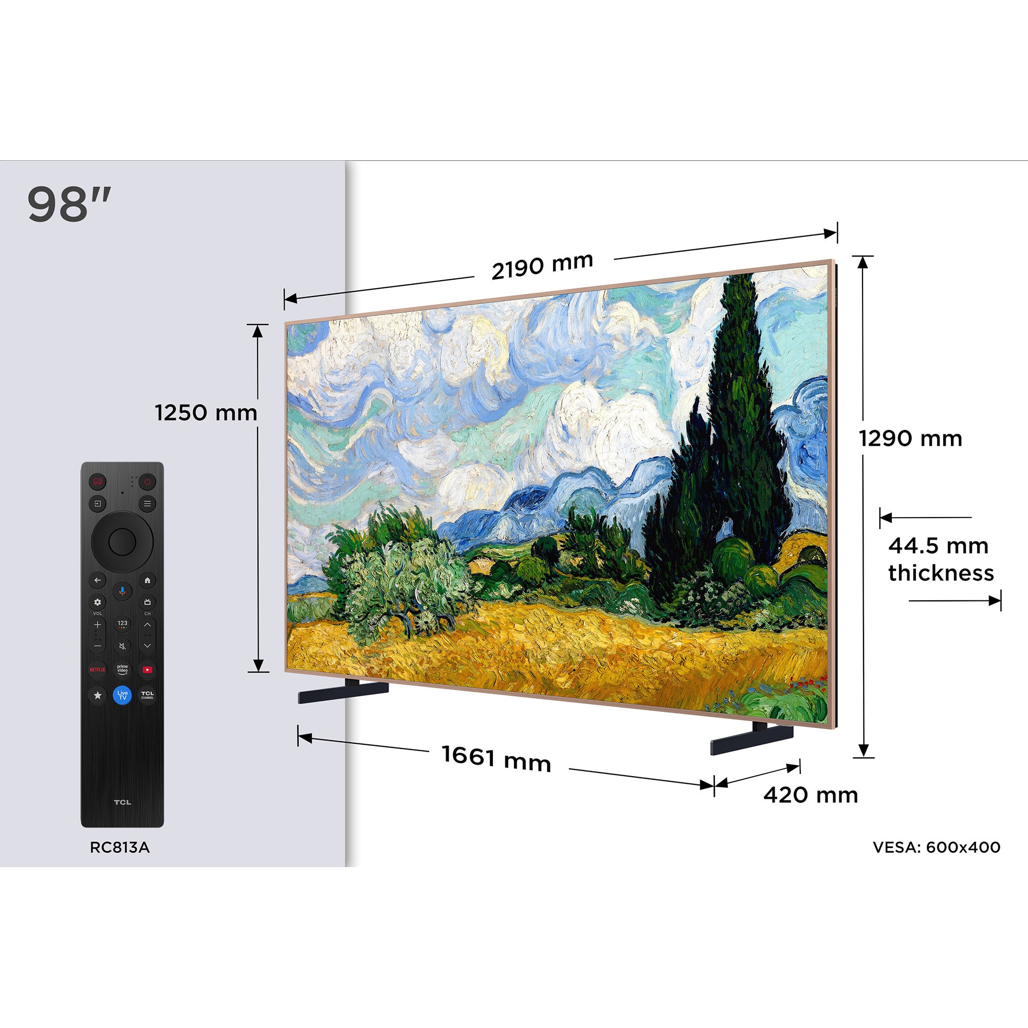 Televizor TCL MiniLed Art 98A400 Pro, 248 cm, Smart Google TV, 4K Ultra HD, 144Hz, Clasa E (Model 2026)
