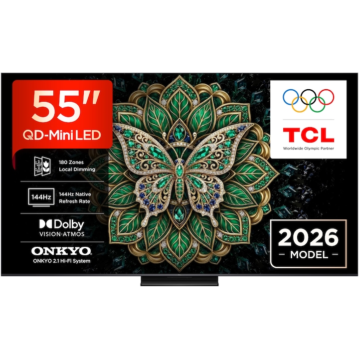 Телевизор TCL QD-MiniLed 55C6K Pro, 55" (139 см), Smart Google TV, 4K Ultra HD, 144Hz, Клас E (Модел 2026)