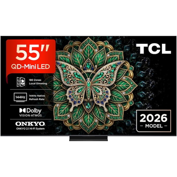 Televizor TCL QD-MiniLed 55C6K Pro, 139 cm, Smart Google TV, 4K Ultra HD, 144Hz, Clasa E (Model 2026)