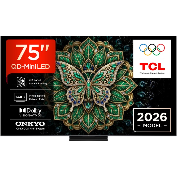 Телевизор TCL QD-MiniLed 75C6K Pro, 75" (189 см), Smart Google TV, 4K Ultra HD, 144Hz, Клас E (Модел 2026)