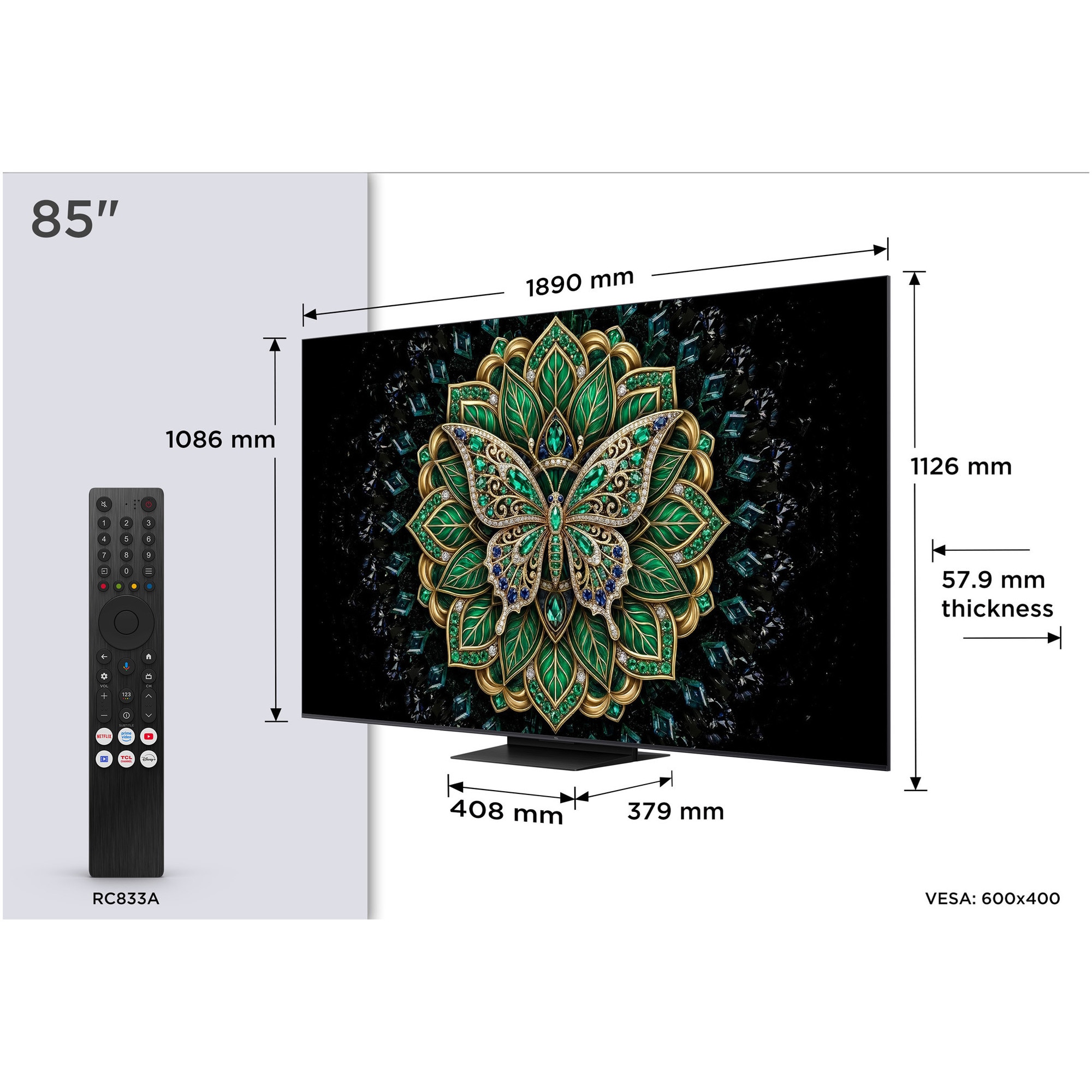 Televizor TCL QD-MiniLed 85C6K Pro, 214 cm, Smart Google TV, 4K Ultra HD, 144Hz, Clasa D (Model 2026)