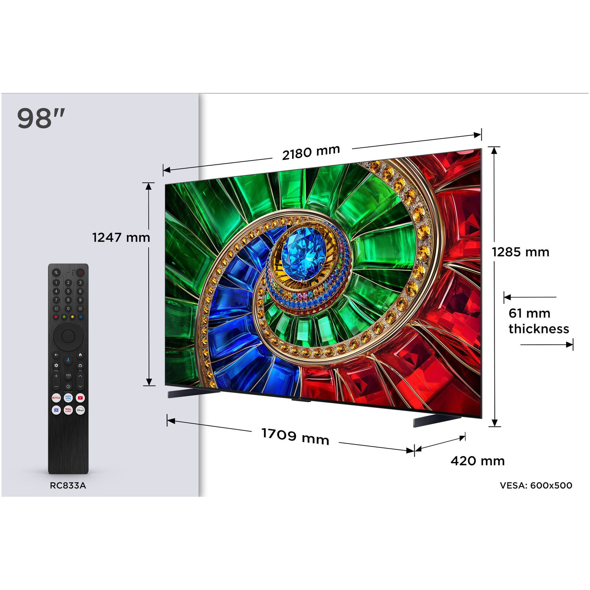 Televizor TCL RGB-MiniLed 98RM7L, 248 cm, Smart Google TV, 4K Ultra HD, 144Hz, Clasa D (Model 2026)