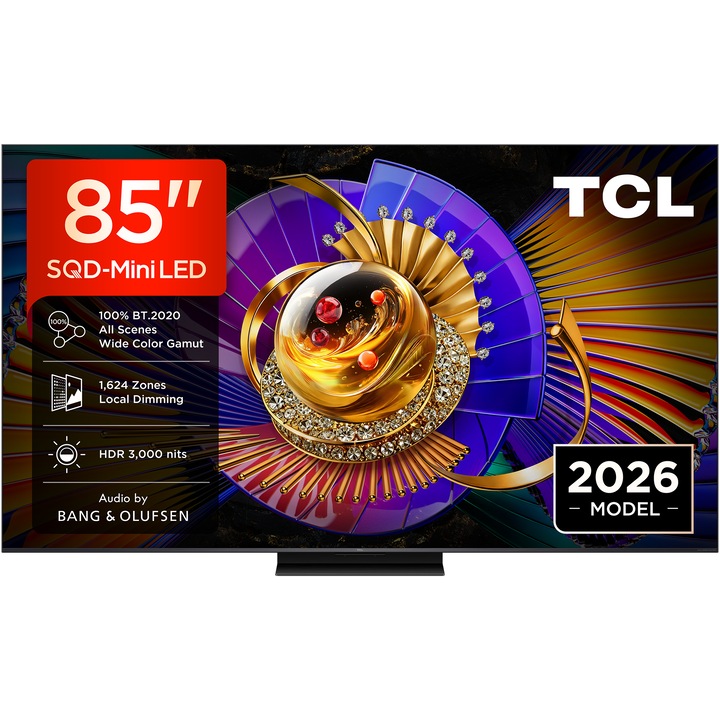 TCL SQD-MiniLed 85C7L Televízió (2026-os modell), 214 cm, Smart Google TV, 4K Ultra HD, 144 Hz, Bang & Olufsen hangrendszer, D energiaosztály