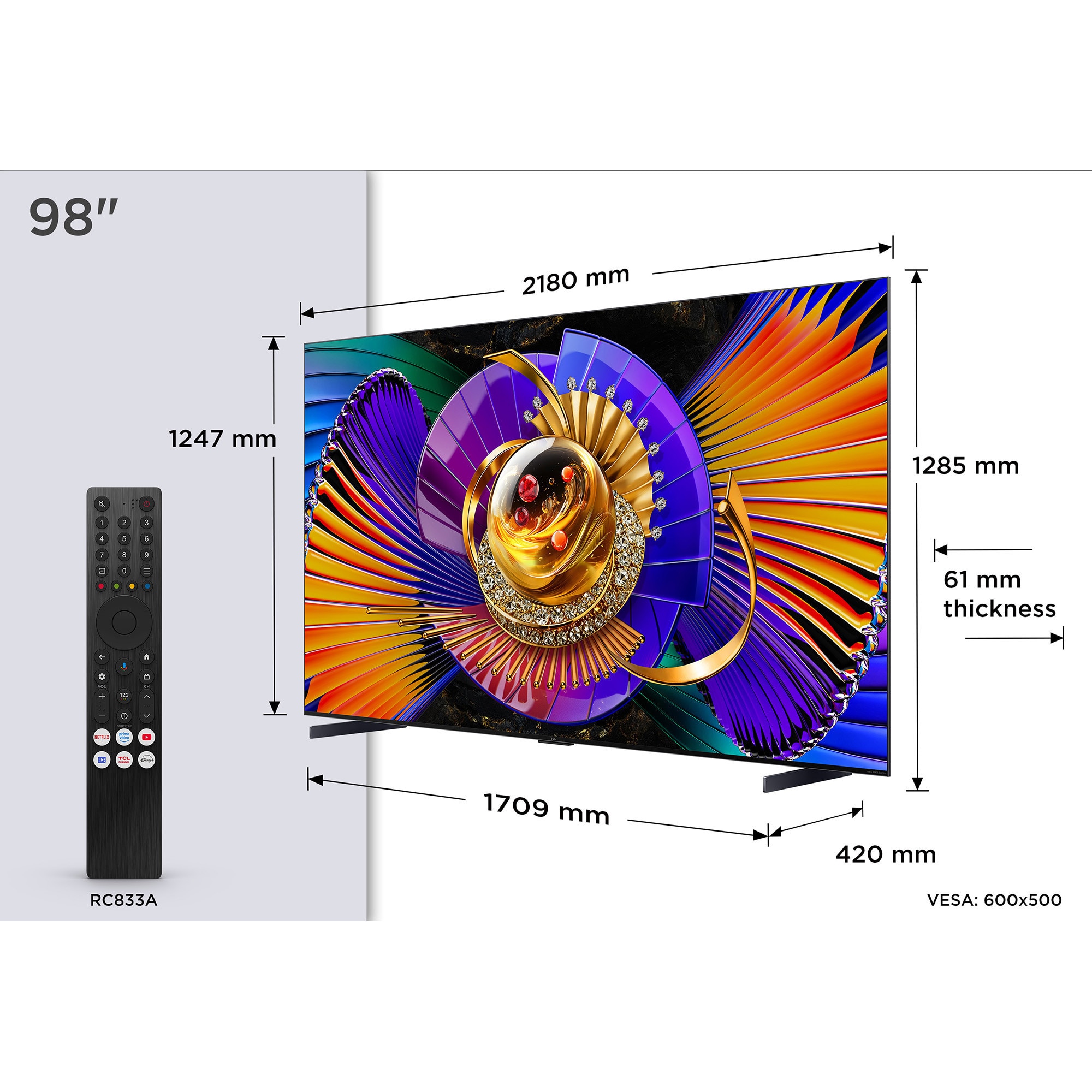 Televizor TCL SQD-MiniLed 98C7L, 248 cm, Smart Google TV, 4K Ultra HD, 144Hz, Sunet Bang & Olufsen, Clasa D (Model 2026)